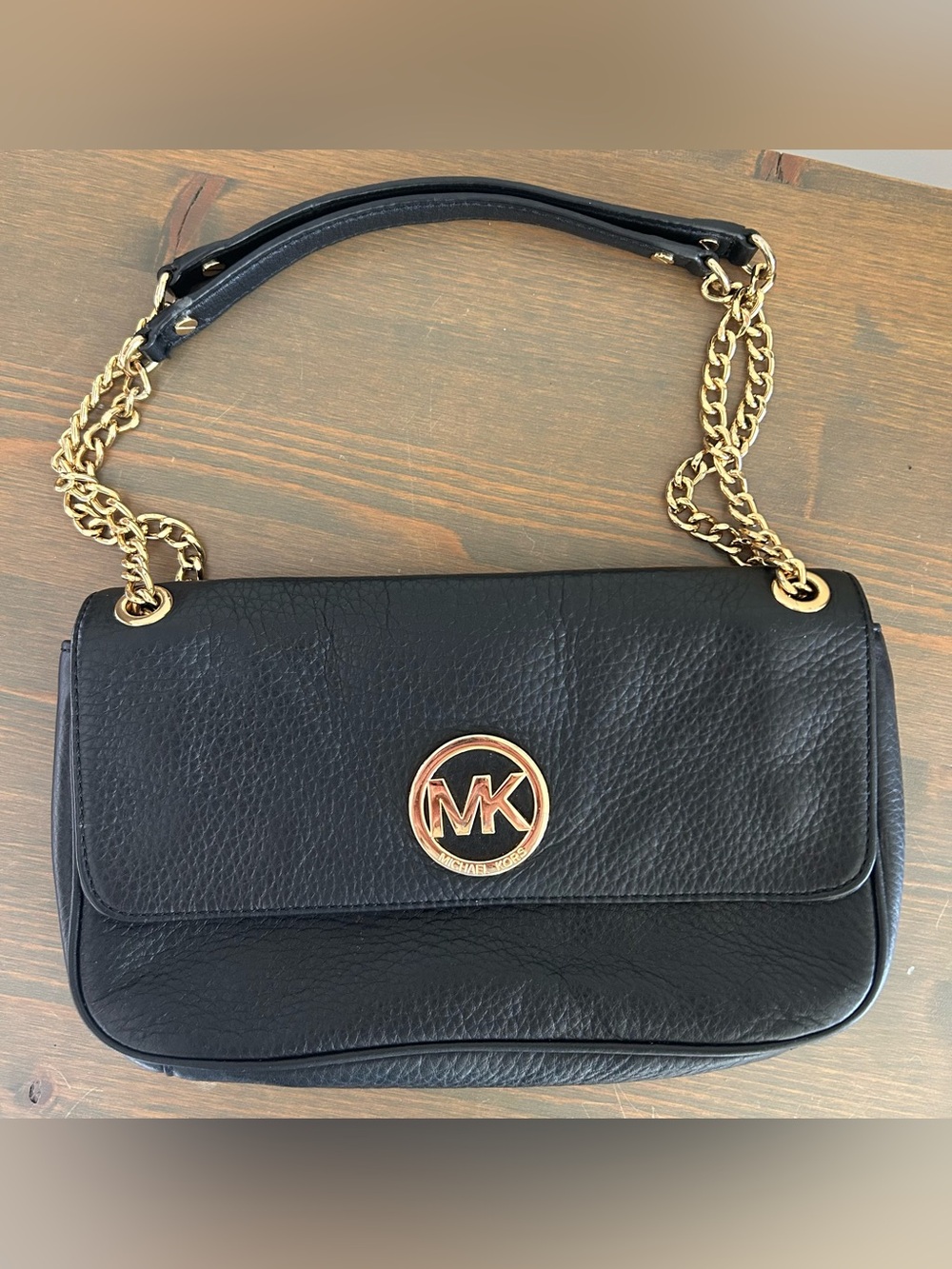 Michael Kors Fulton Small Black Leather Shoulder Bag with Gold Hardware